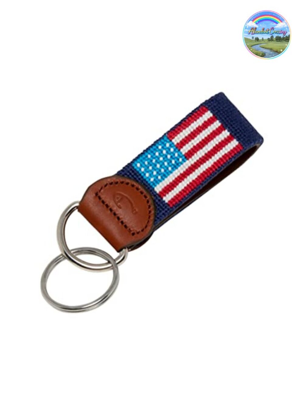 Hand-Stitched Needlepoint Key Fob Leather Keychain Stainless Steel Ring
